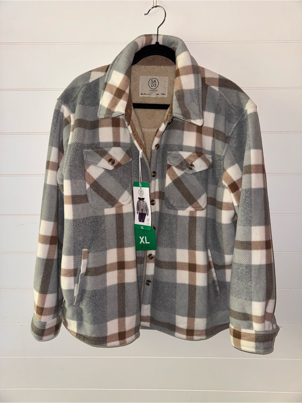Sage Collective Plush Plaid Shirt Jacket Gray Shacket